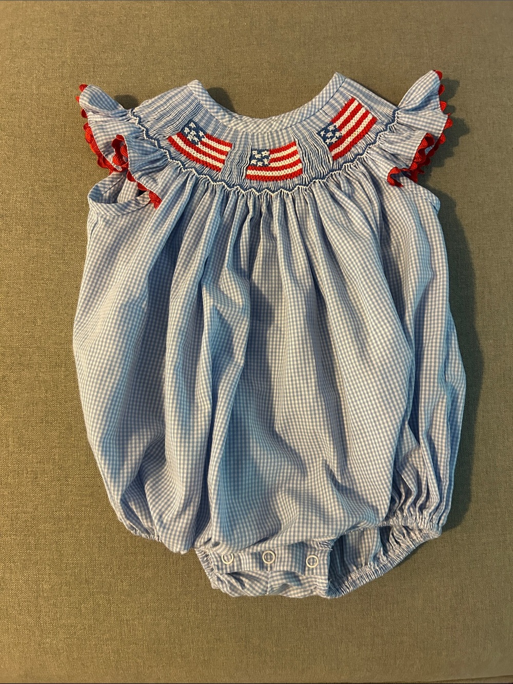 Stitchy Fish Smocked Blue Gingham Baby Bubble Romper with Flag Detail